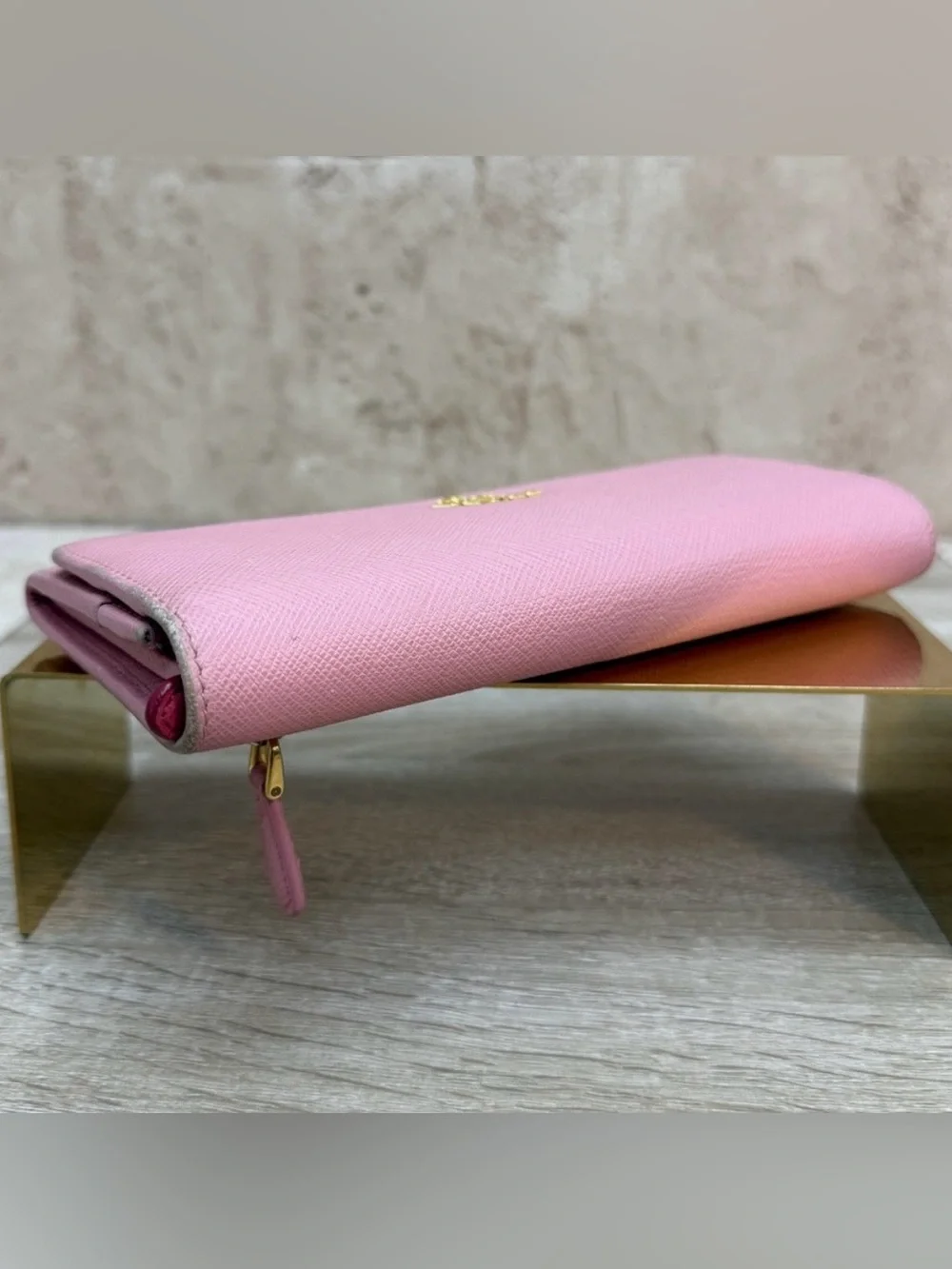 Prada Pink Saffiano Continental Wallet with Gold Logo